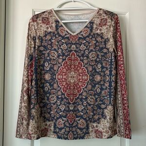 Floral Print Button Decor, V-neck,  Long Sleeve, Women's Top, size S